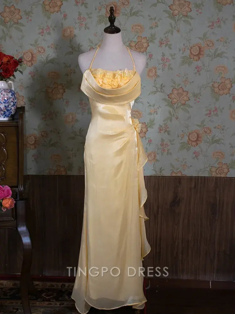 TingPo Wholesale Elegant Vintage Yellow Halter Neck Floral Prom Gown Fairy Princess Dress